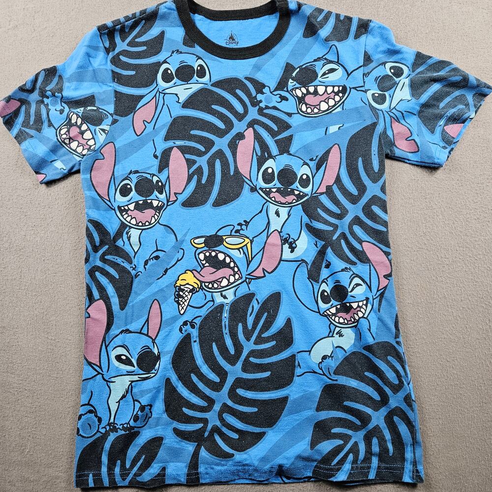 Disney Stitch Print Shirt Adult Small Blue Plant Tee Short Sleeve